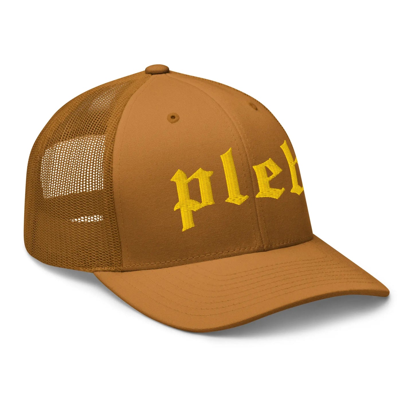 pleb bitcoin trucker hat front angle caramel