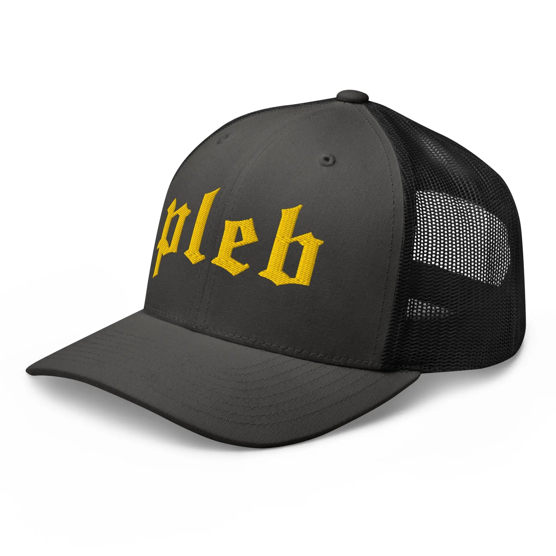 pleb bitcoin trucker hat front angle charcoal and black
