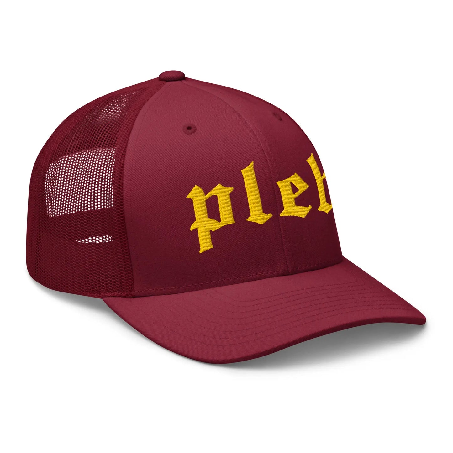 pleb bitcoin trucker hat front angle cranberry