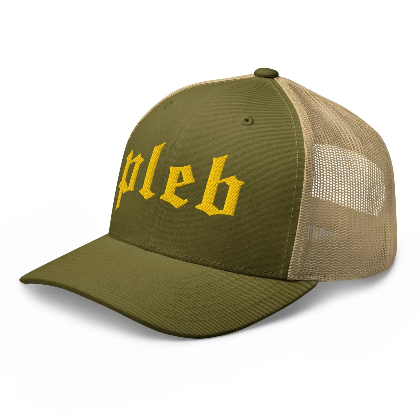 pleb bitcoin trucker hat front angle moss and khaki