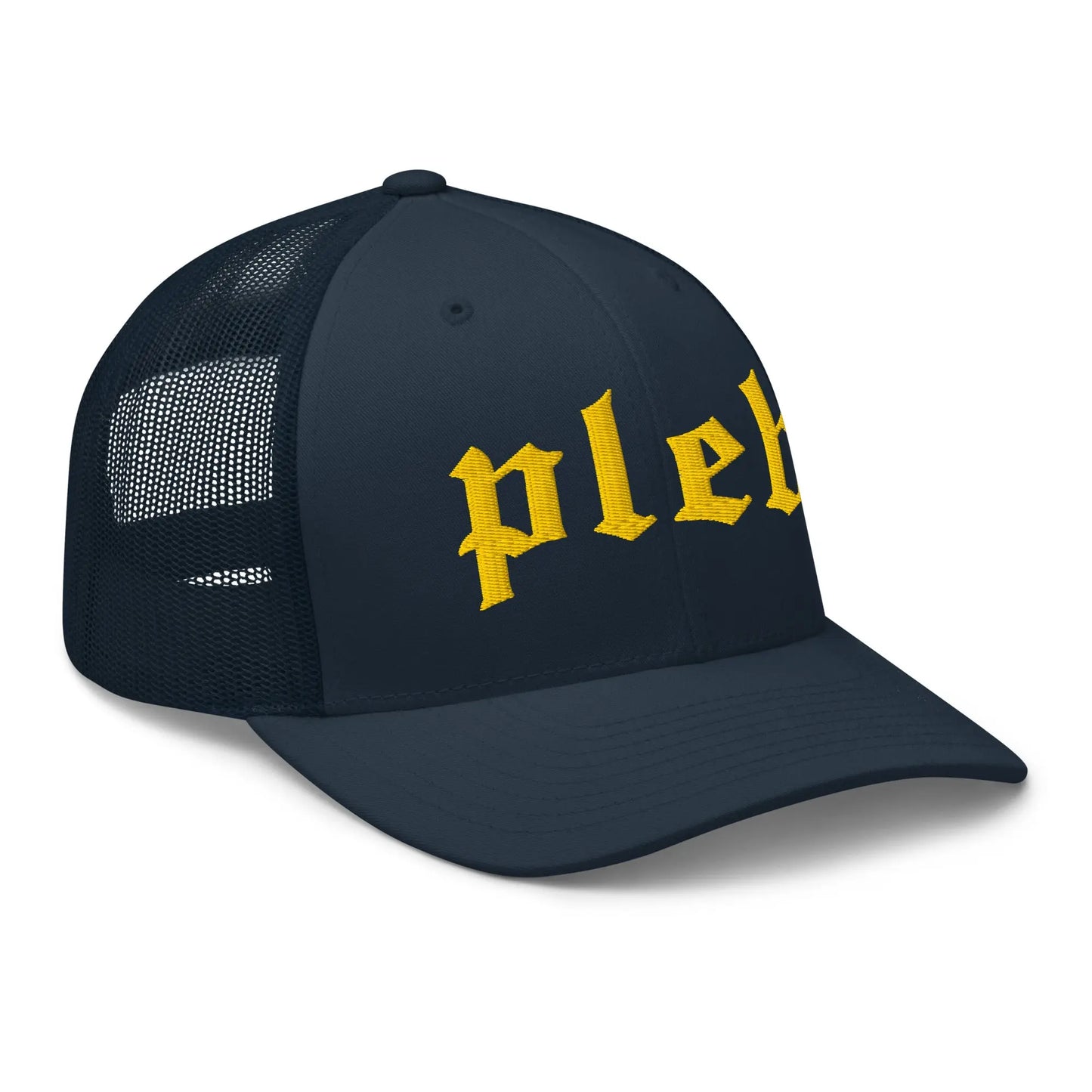 pleb bitcoin trucker hat front angle navy