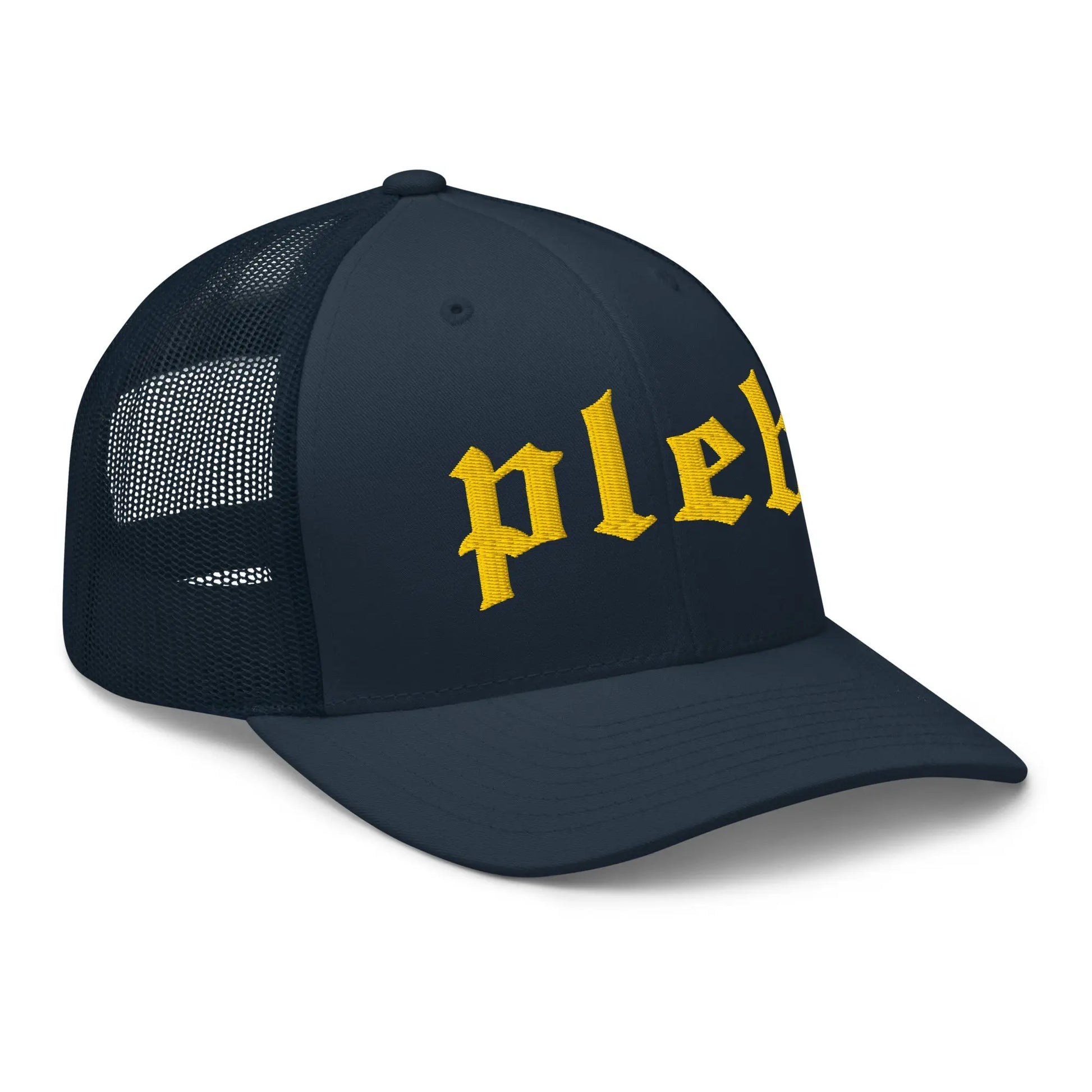 pleb bitcoin trucker hat front angle navy