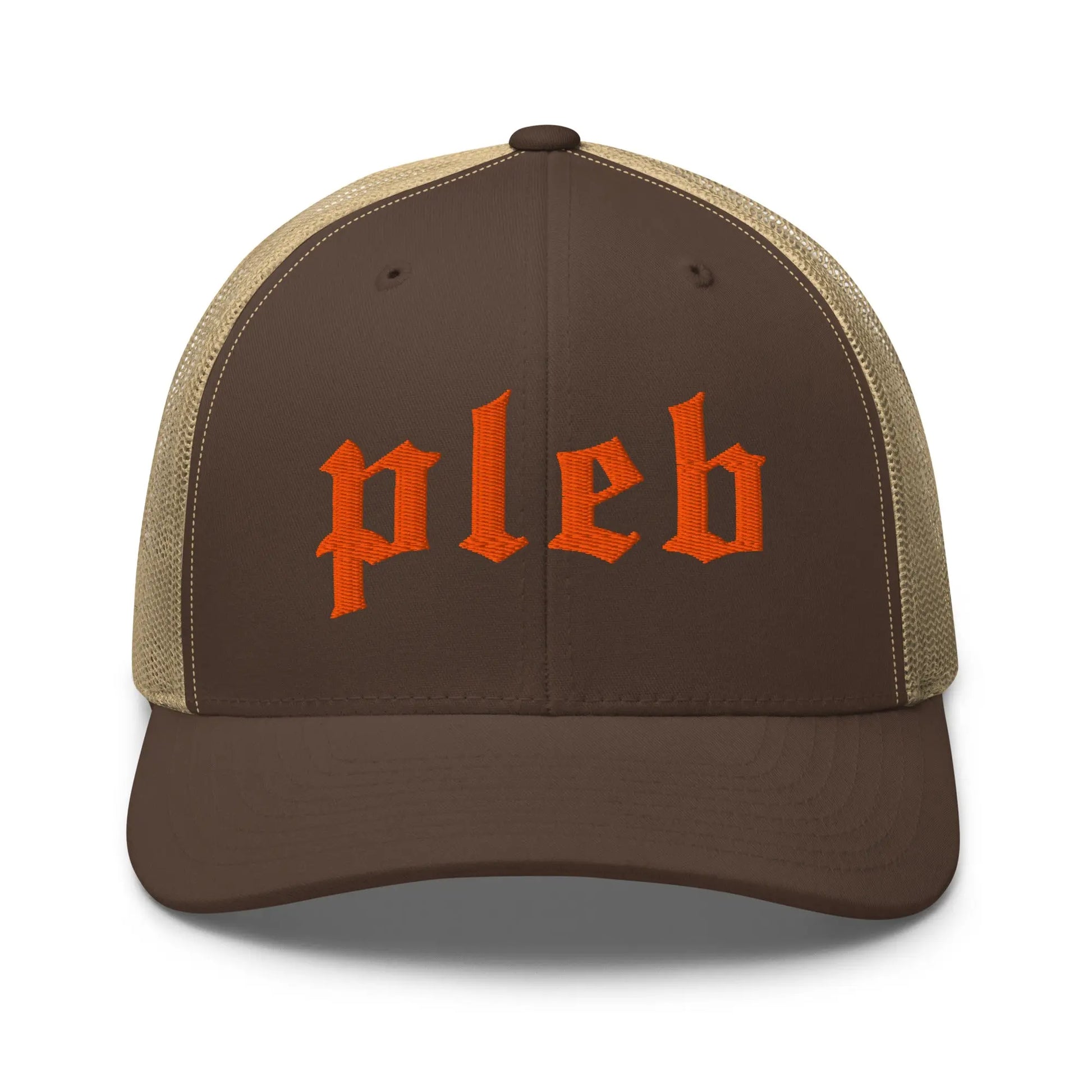 bitcoin pleb trucker hat - front view - brown and khaki