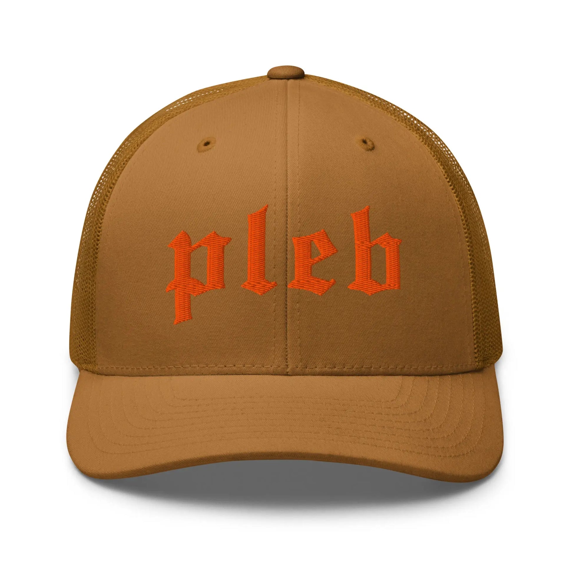 bitcoin pleb trucker hat - front view - caramel