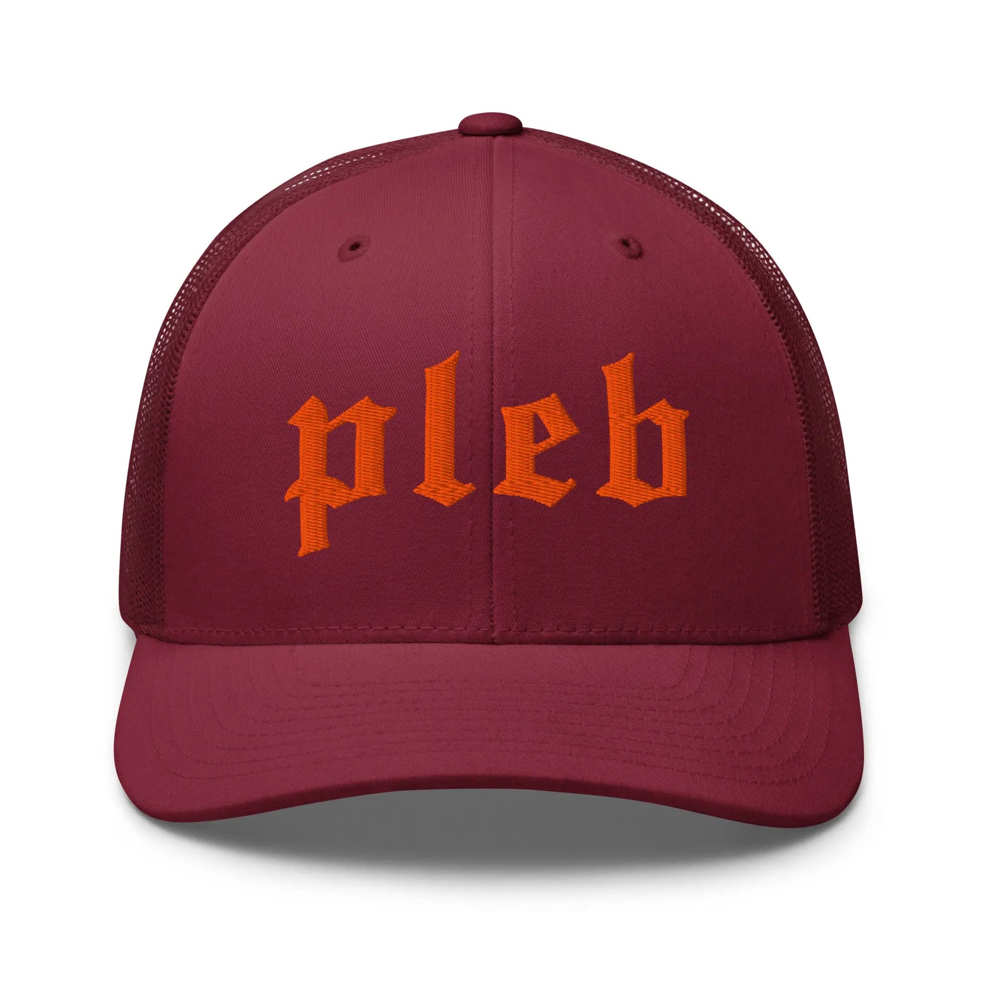bitcoin pleb trucker hat - front view - cranberry