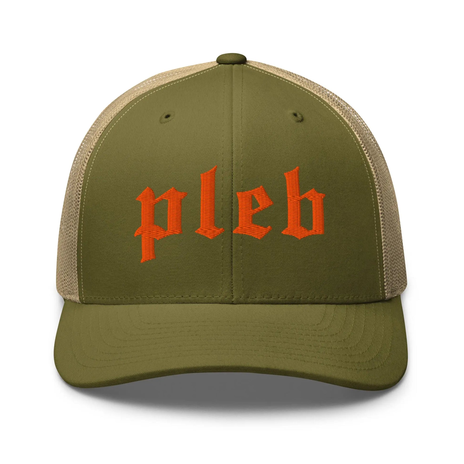 bitcoin pleb trucker hat - front view - moss and khaki