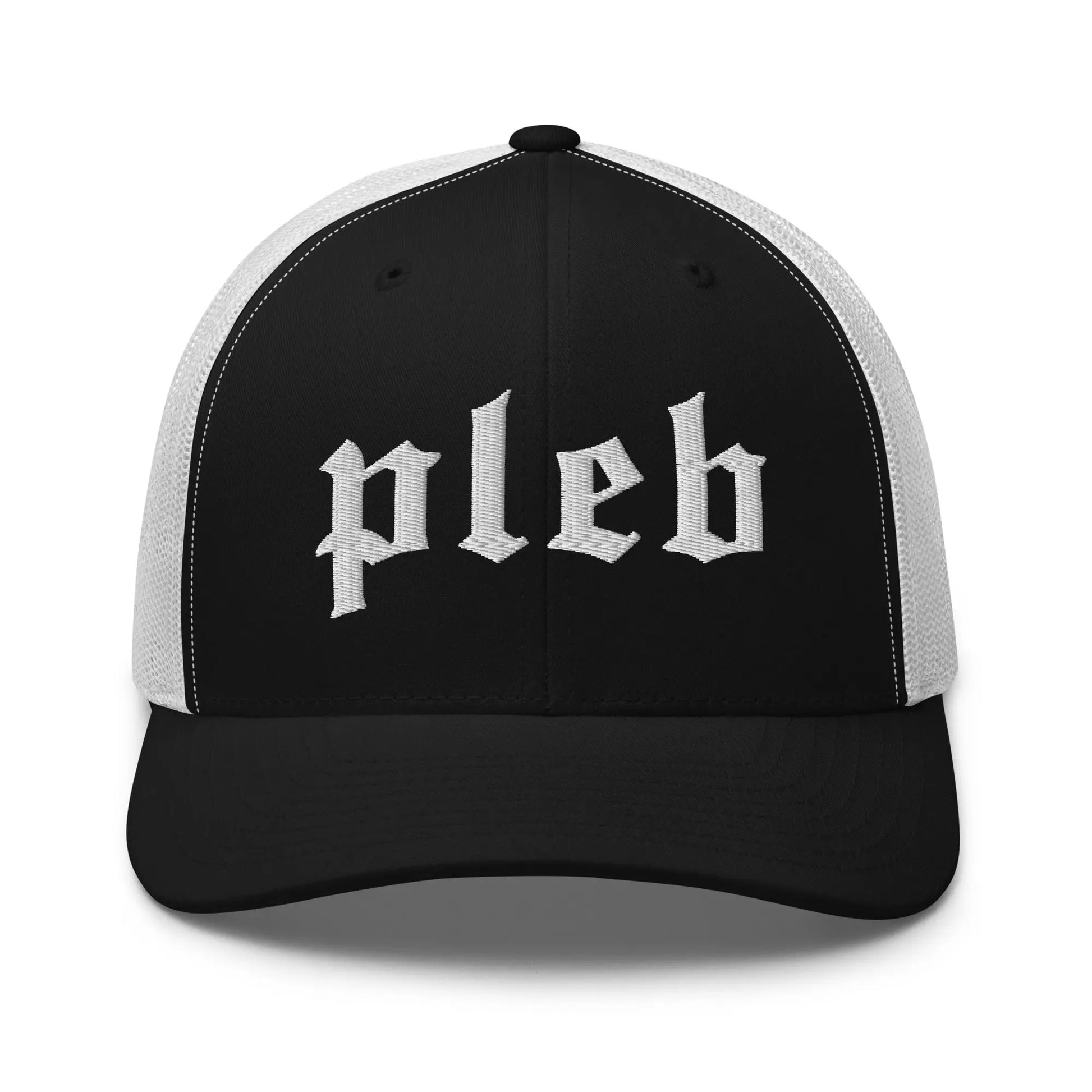 bitcoin trucker hat - pleb - front view - black and white