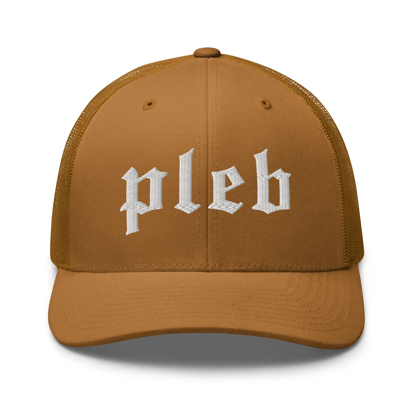bitcoin trucker hat - pleb - front view - caramel