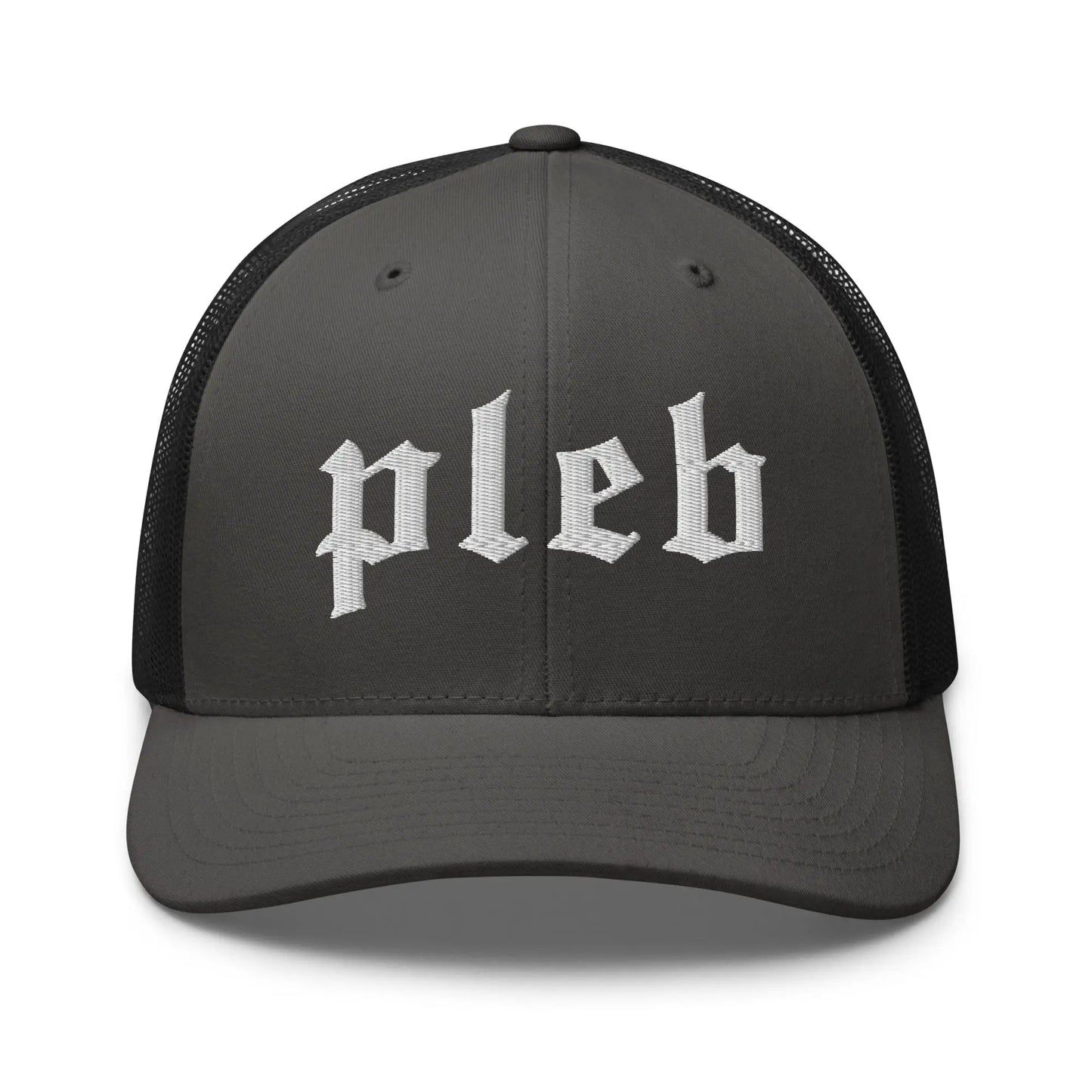 bitcoin trucker hat - pleb - front view - charcoal and black