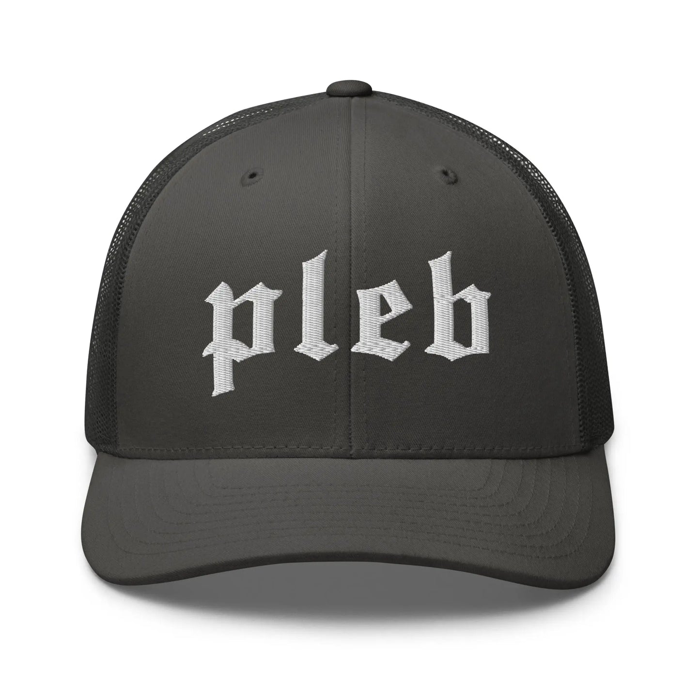 bitcoin trucker hat - pleb - front view - charcoal