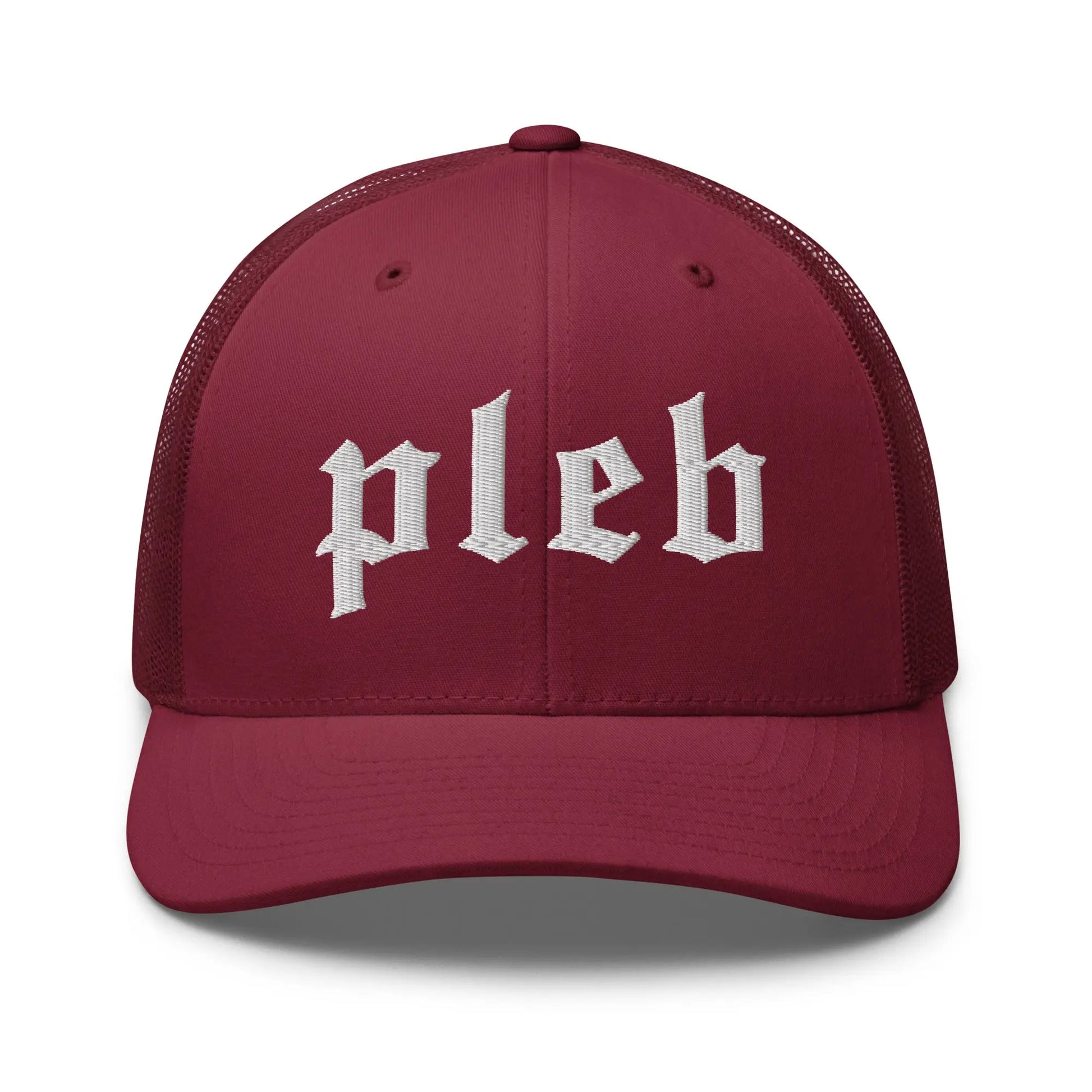 bitcoin trucker hat - pleb - front view - cranberry