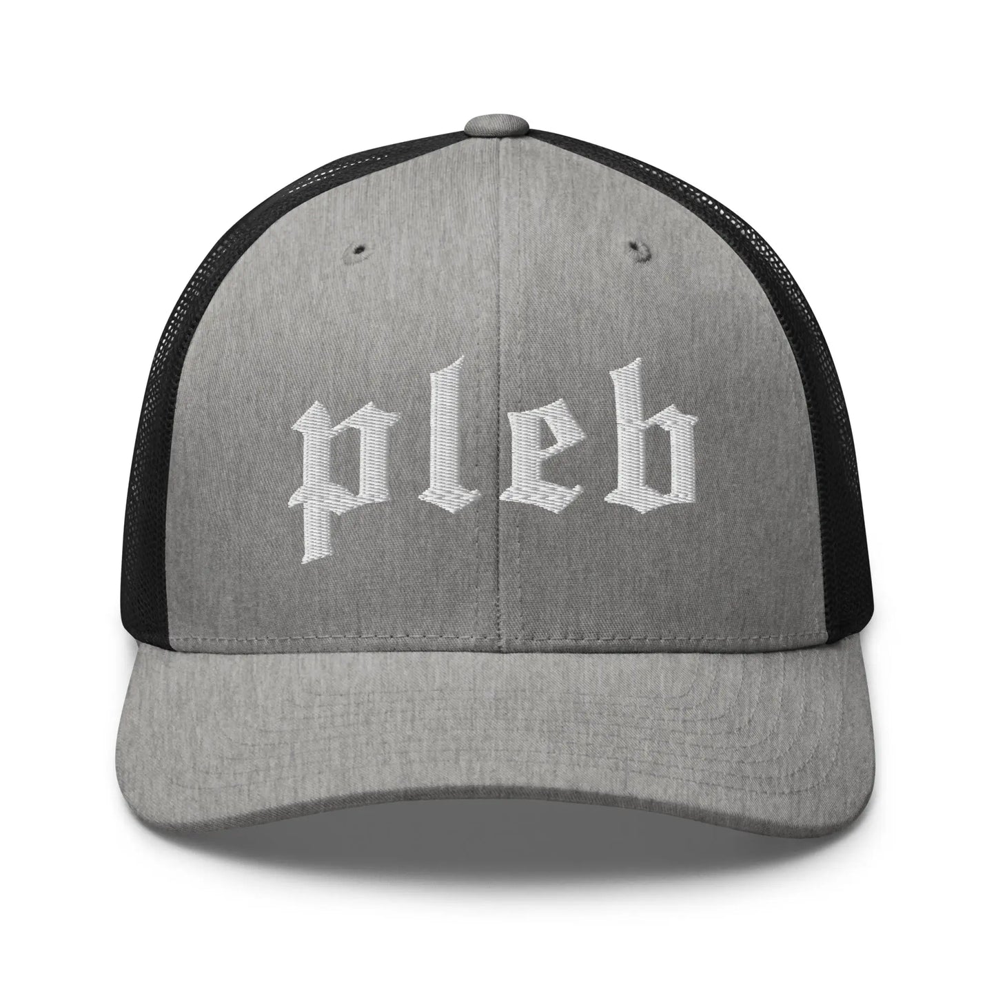 bitcoin trucker hat - pleb - front view - heather and black