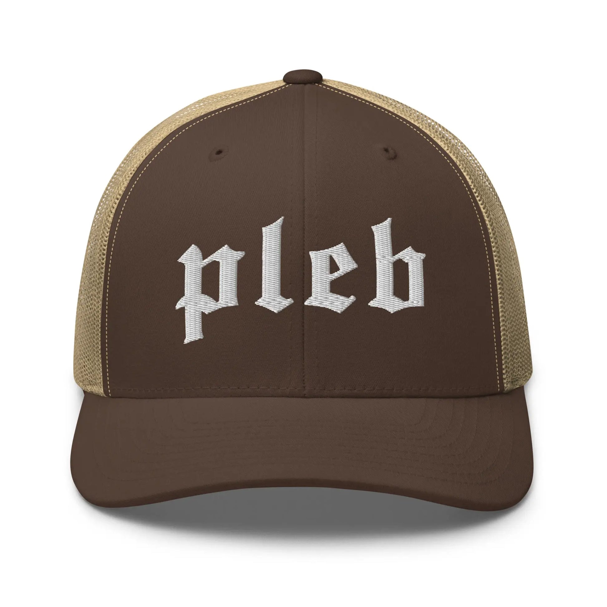 bitcoin trucker hat - pleb - front view - khaki brown