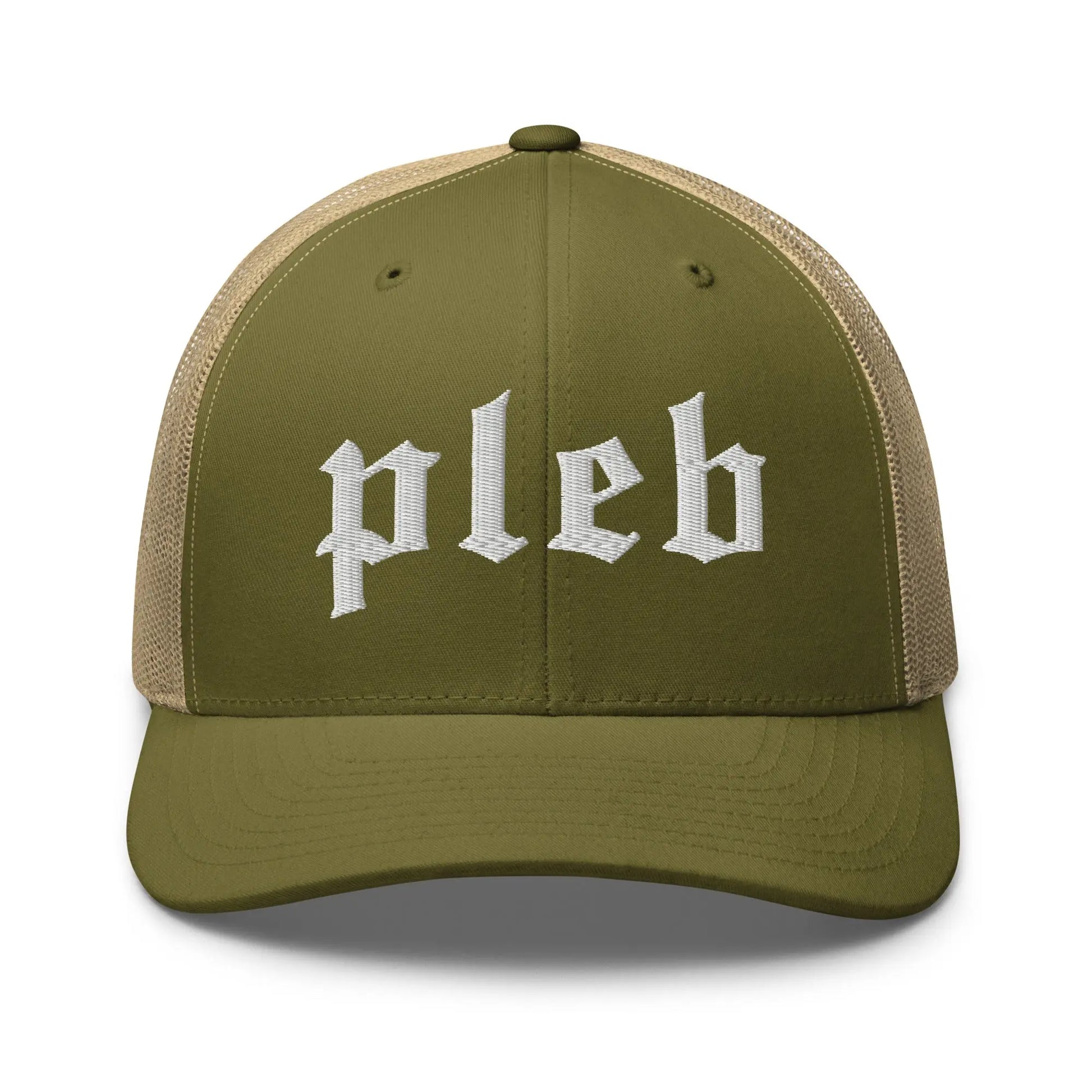 bitcoin trucker hat - pleb - front view - moss and khaki