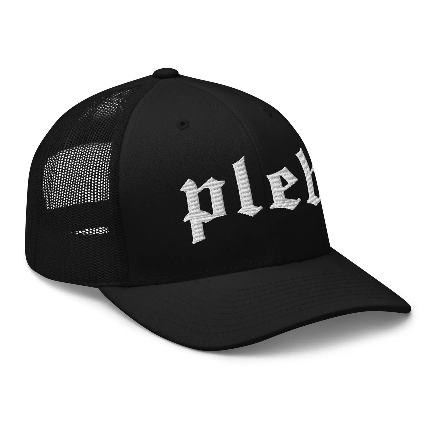bitcoin trucker hat - pleb - side view - black