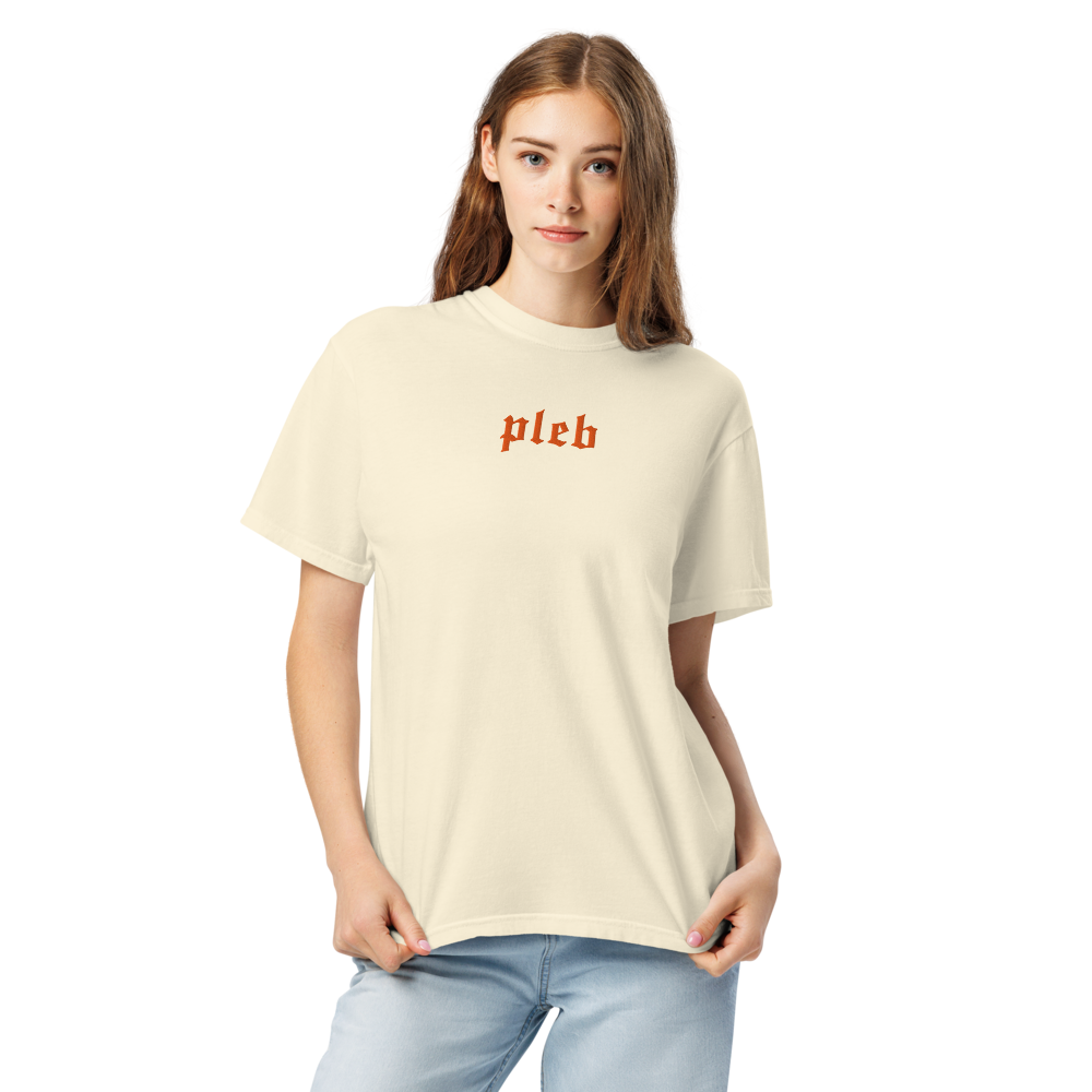 bitcoin t-shirt - pleb - worn view - ivory