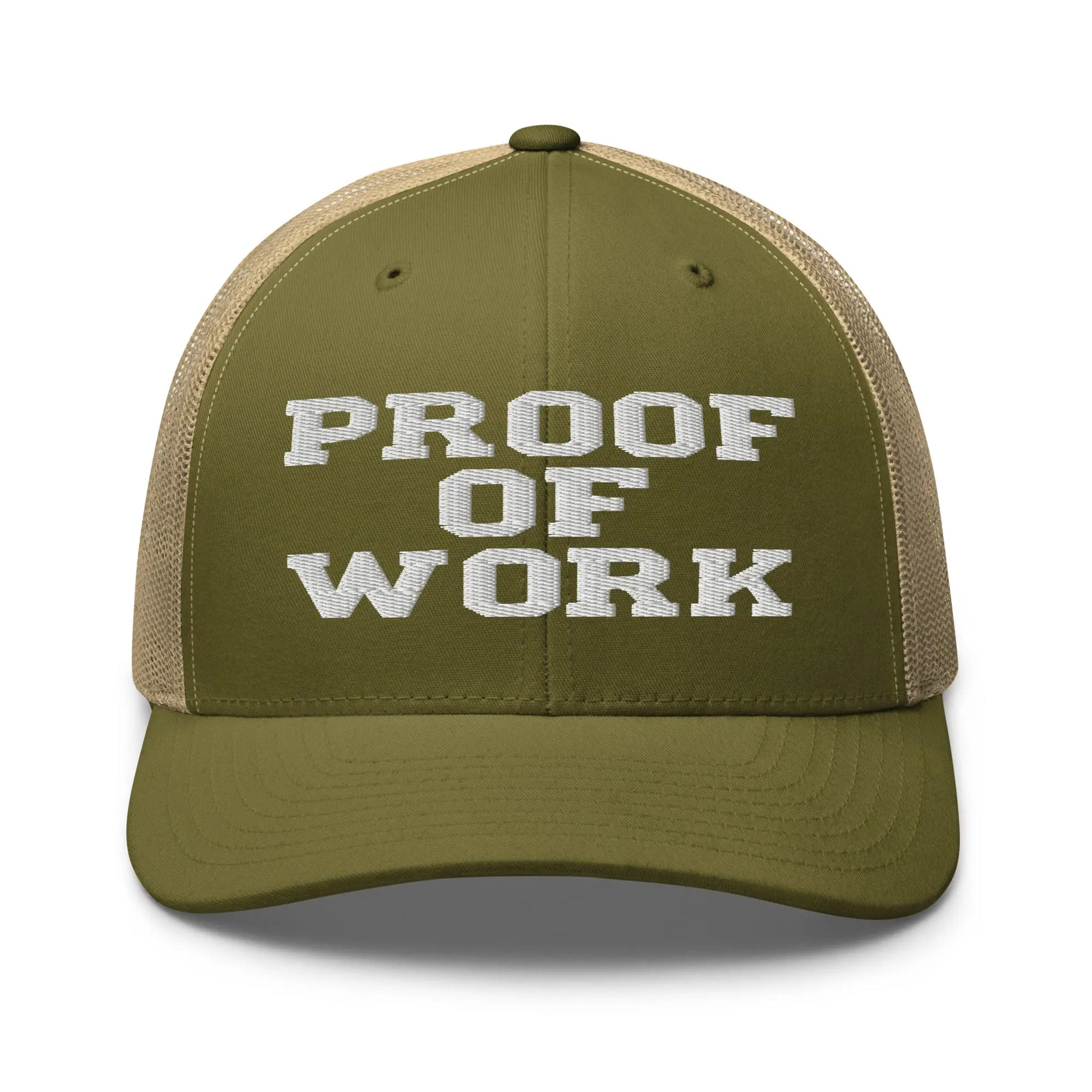 proof of work bitcoin trucker hat front view moss and khaki