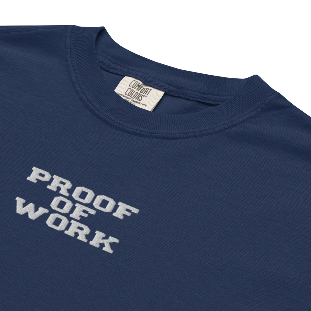 bitcoin t-shirt - proof of work - embroidery close-up - blue