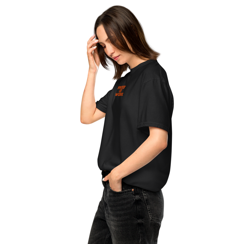bitcoin t-shirt - proof of work - worn on female model - black