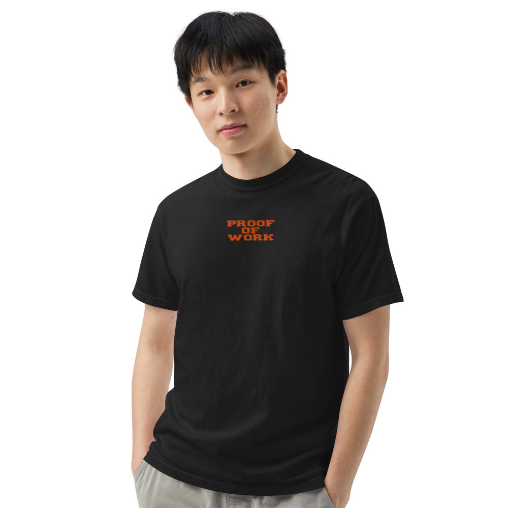 bitcoin t-shirt - proof of work - worn on model - black