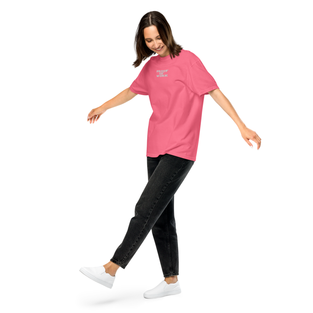 bitcoin t-shirt - proof of work - worn on model - crunchberry