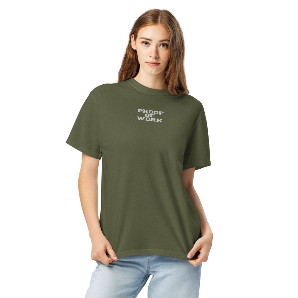 bitcoin t-shirt - proof of work - worn on model - hemp green