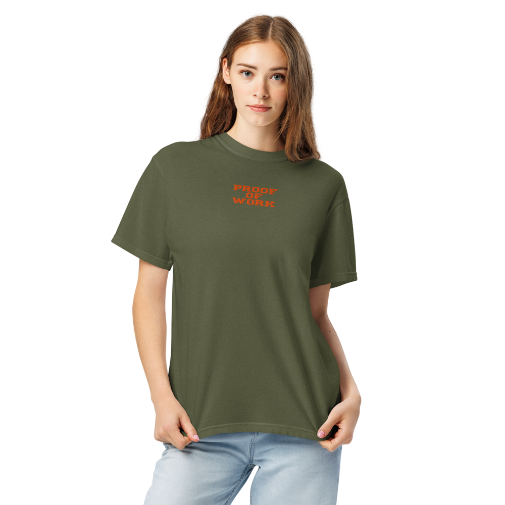 bitcoin t-shirt - proof of work - worn on model - hemp green