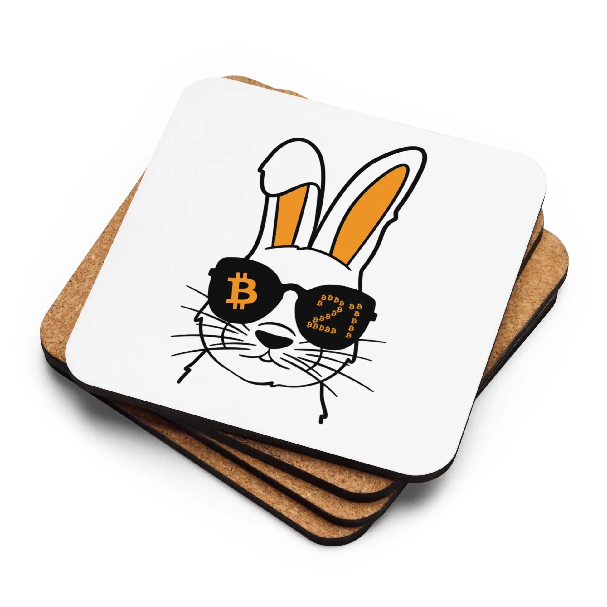 Stack of Rabbit 21 Bitcoin coasters showing cork backing