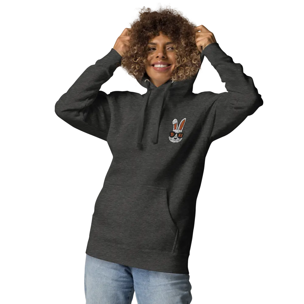 bitcoin hoodie - rabbit 21 - worn by female model