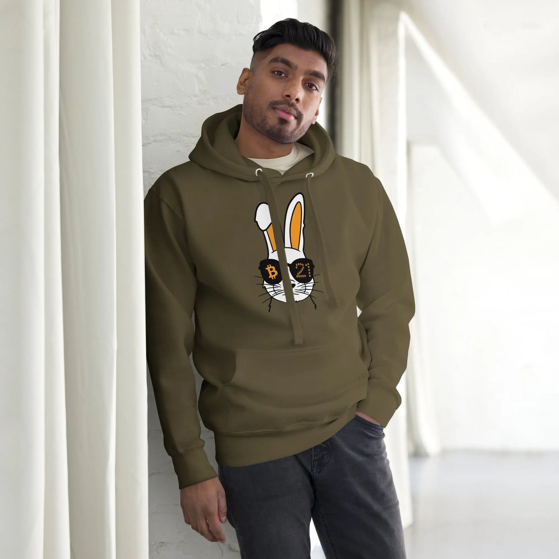 bitcoin hoodie - rabbit 21 - worn on model 