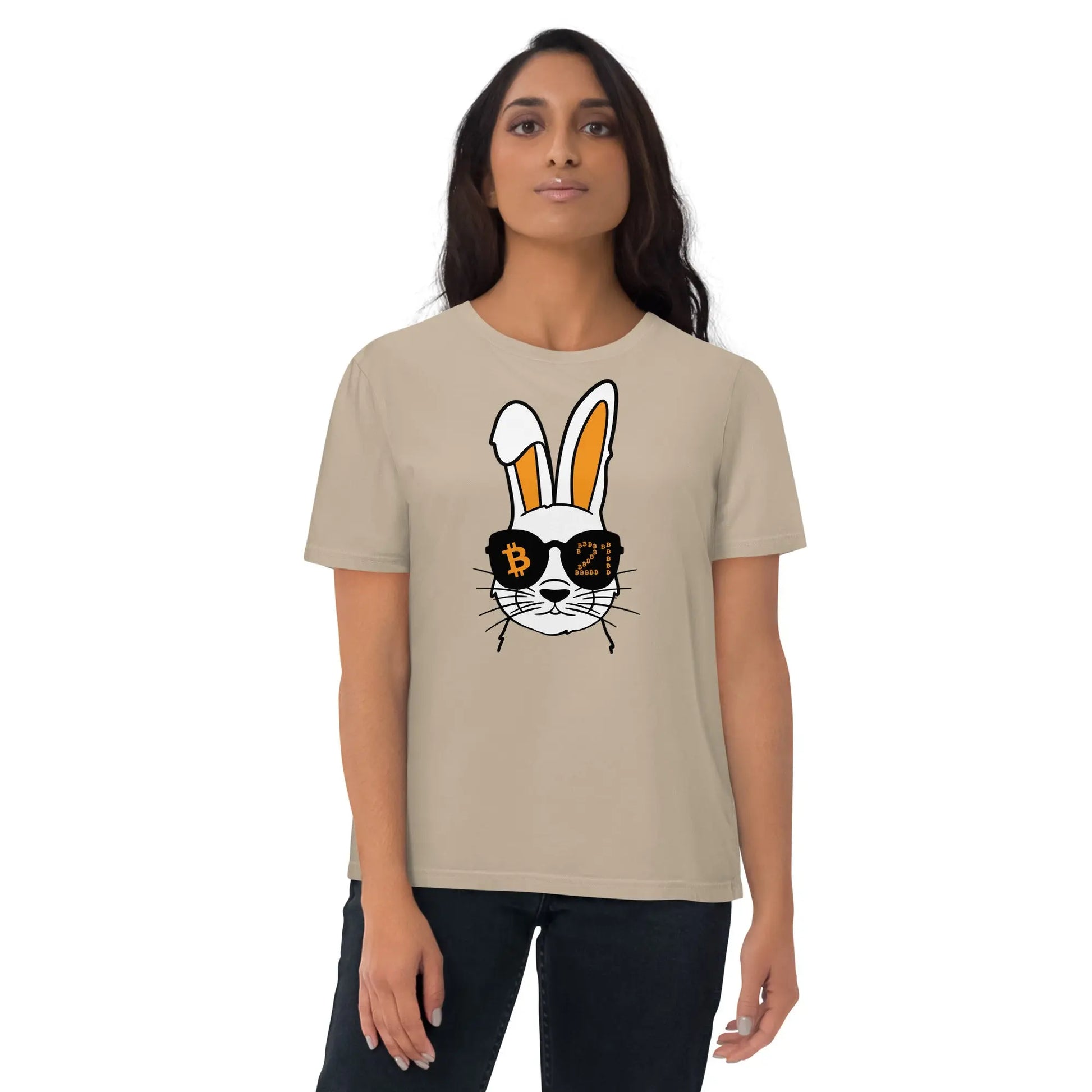 bitcoin t-shirt rabbit 21 worn on female model - beige