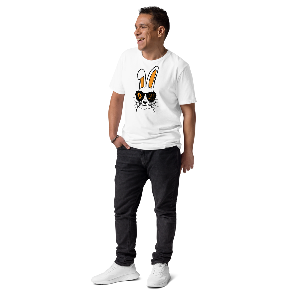 bitcoin t-shirt rabbit 21 worn on male model white