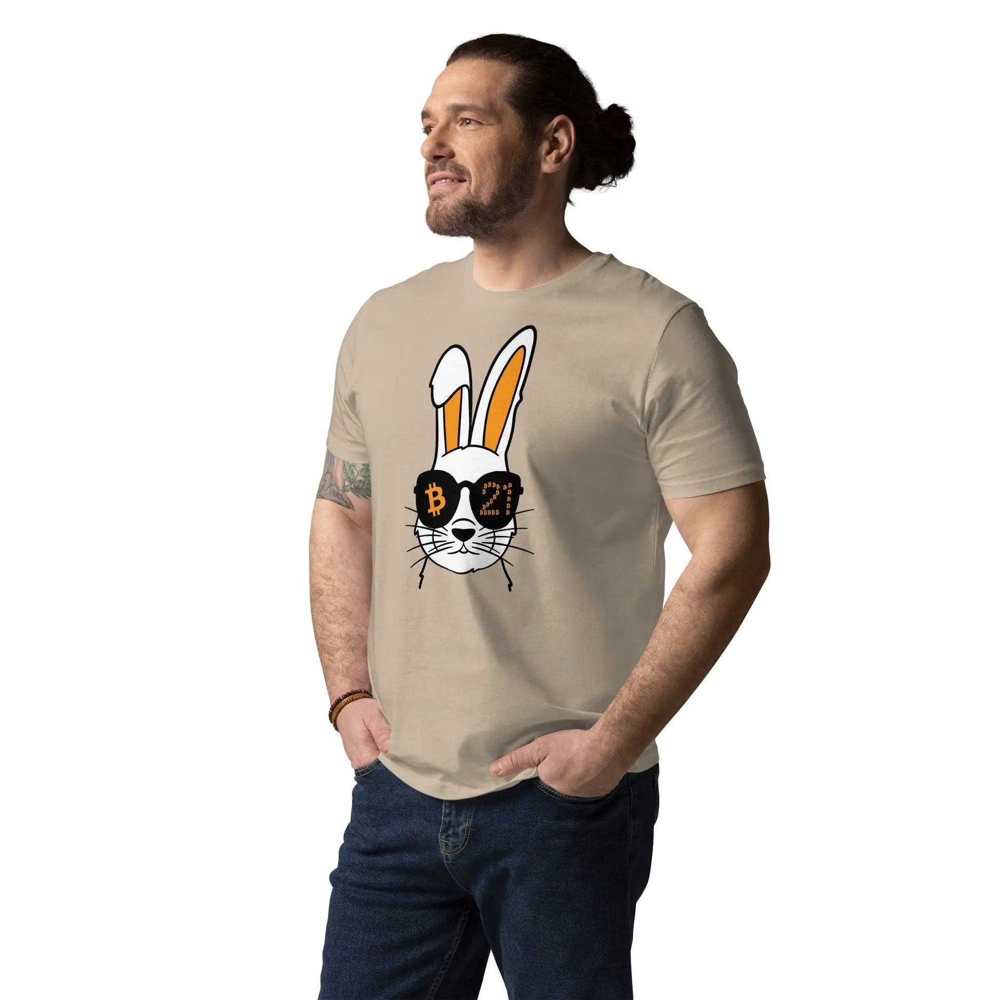 bitcoin t-shirt rabbit 21 worn on male model - beige