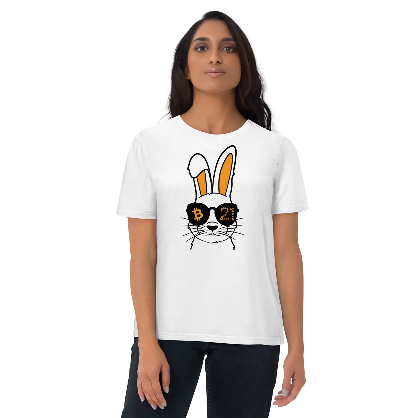 bitcoin t-shirt rabbit 21 worn on model white