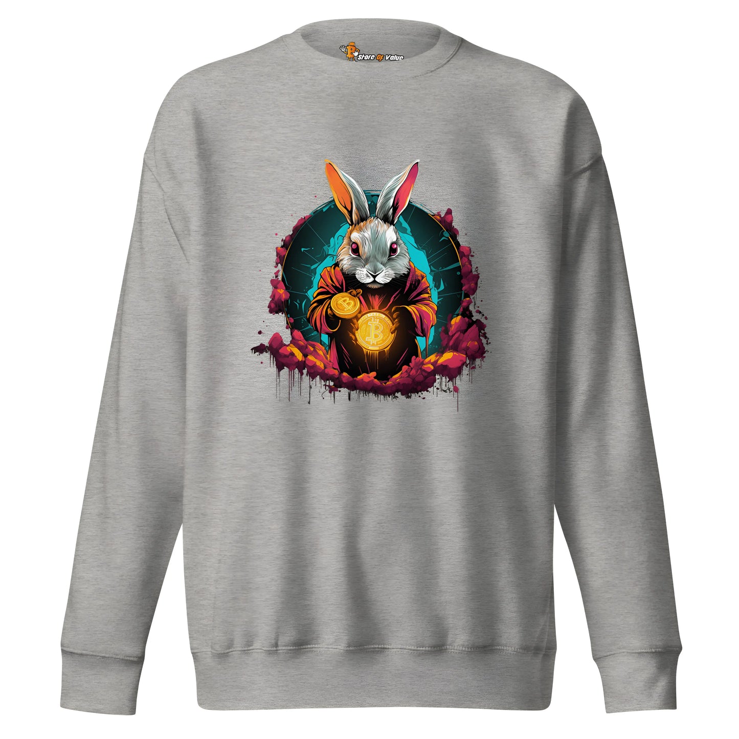 bitcoin sweatshirt - rabbit hole artwork - front view - grey
