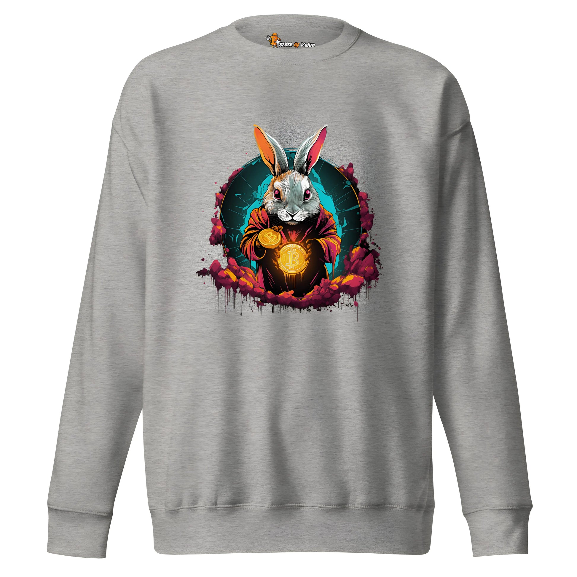 bitcoin sweatshirt - rabbit hole artwork - front view - grey