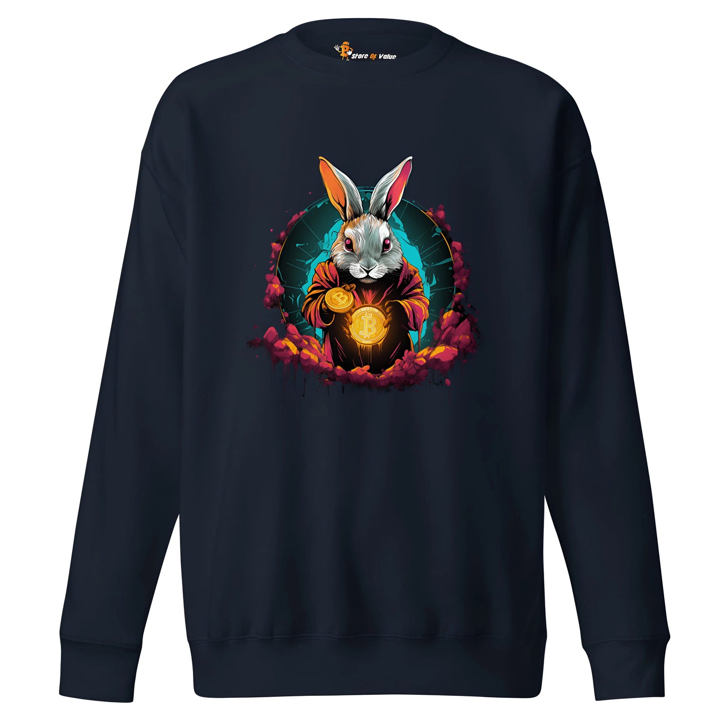 bitcoin sweatshirt - rabbit hole artwork - front view - navy blue color