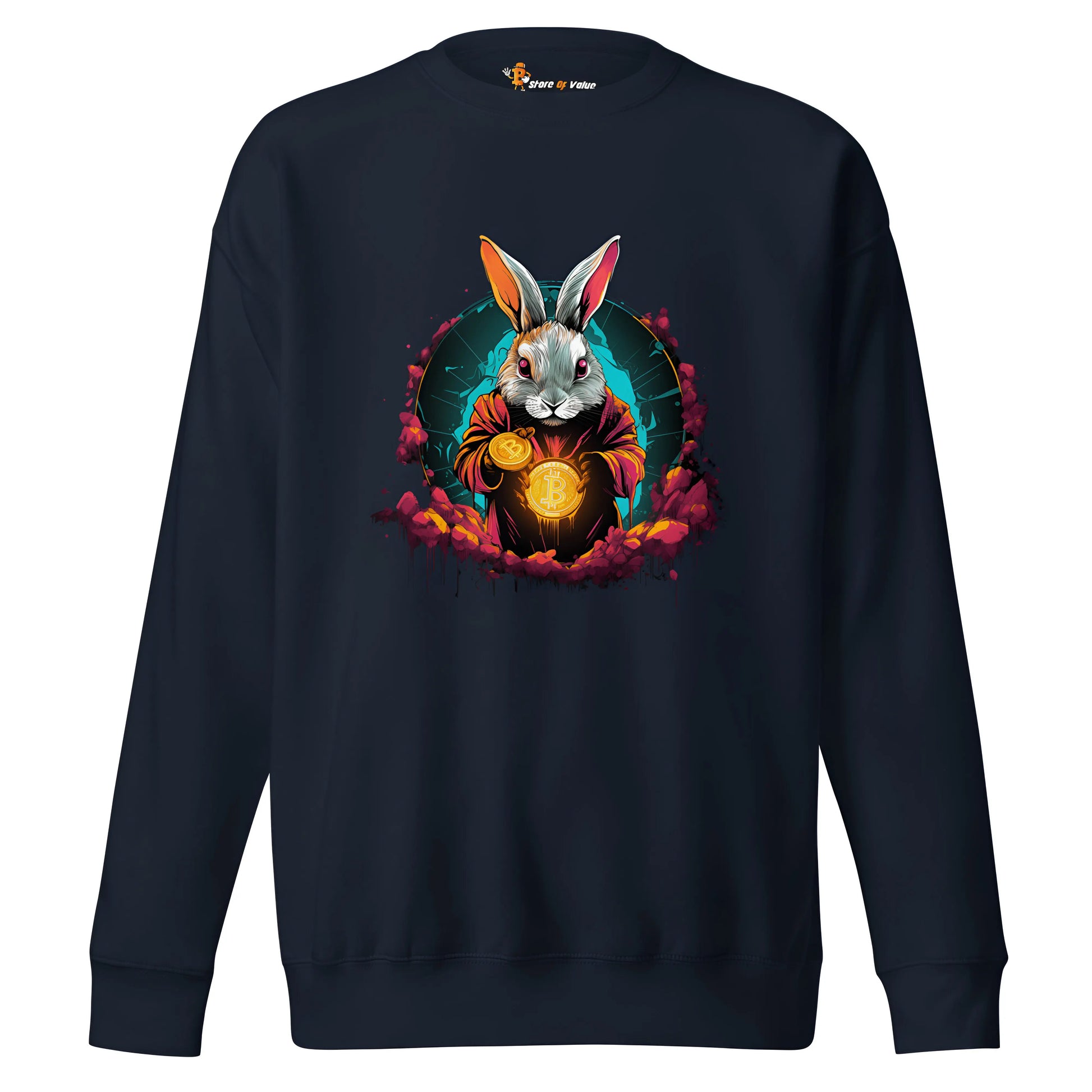 bitcoin sweatshirt - rabbit hole artwork - front view - navy blue color