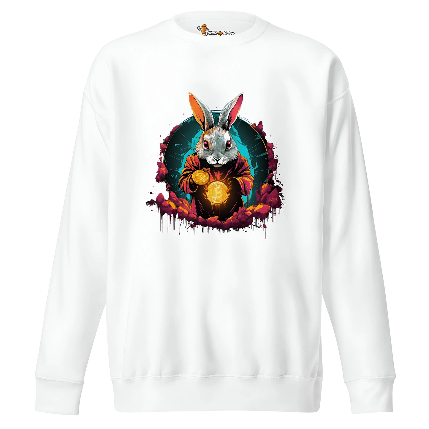bitcoin sweatshirt - rabbit hole artwork - front view - white