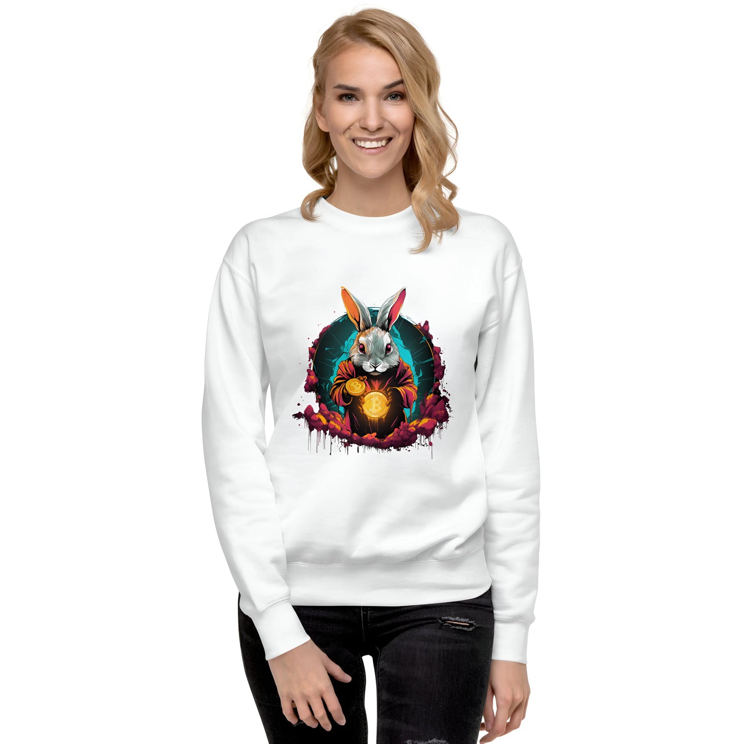 bitcoin sweatshirt - rabbit hole artwork - worn by female - white color