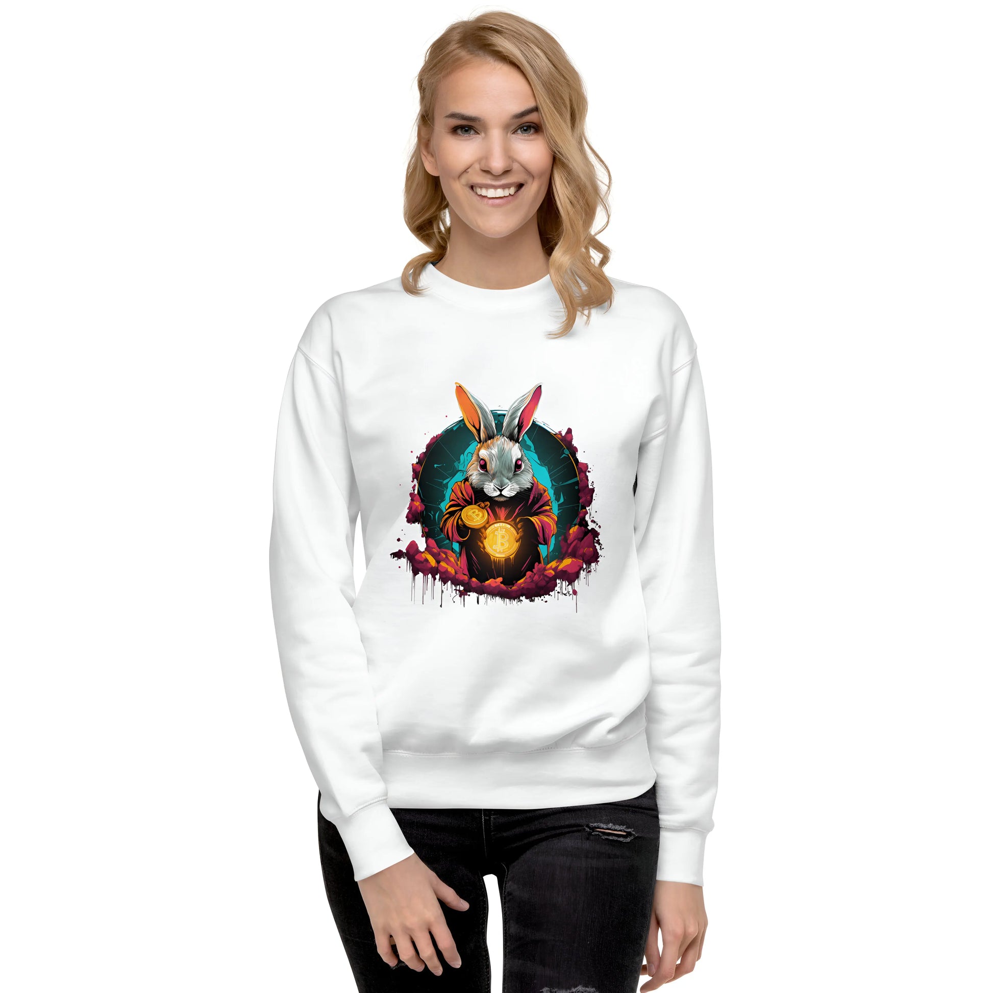 bitcoin sweatshirt - rabbit hole artwork - worn by female - white color