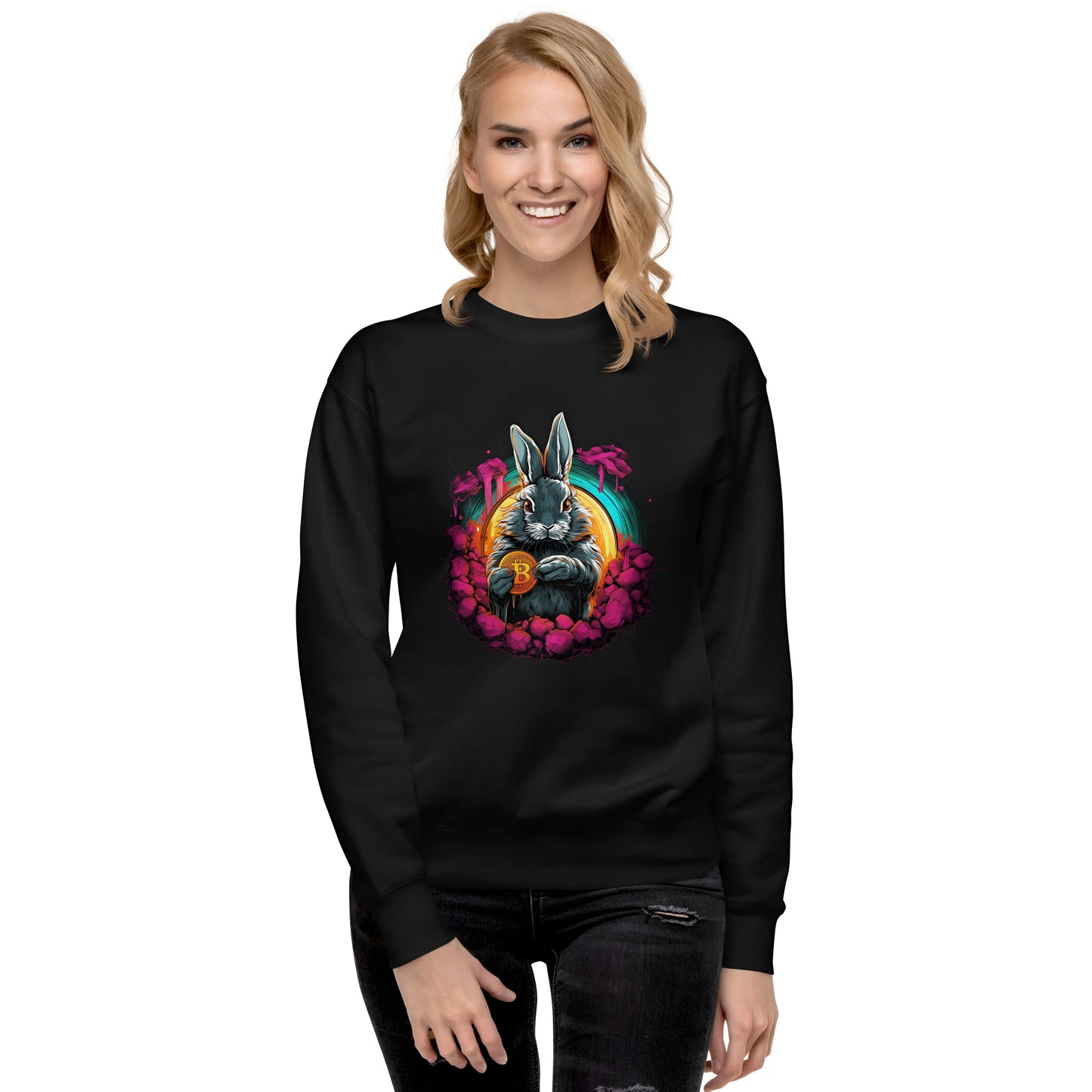 bitcoin sweatshirt - rabbit hole - worn by female- black
