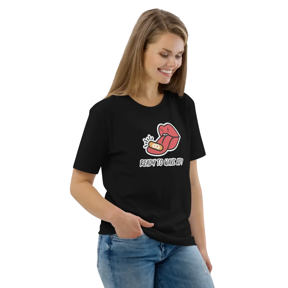 Bitcoin T-Shirt – Ready To Wake Up? | Store of Value — worn on female model - smile