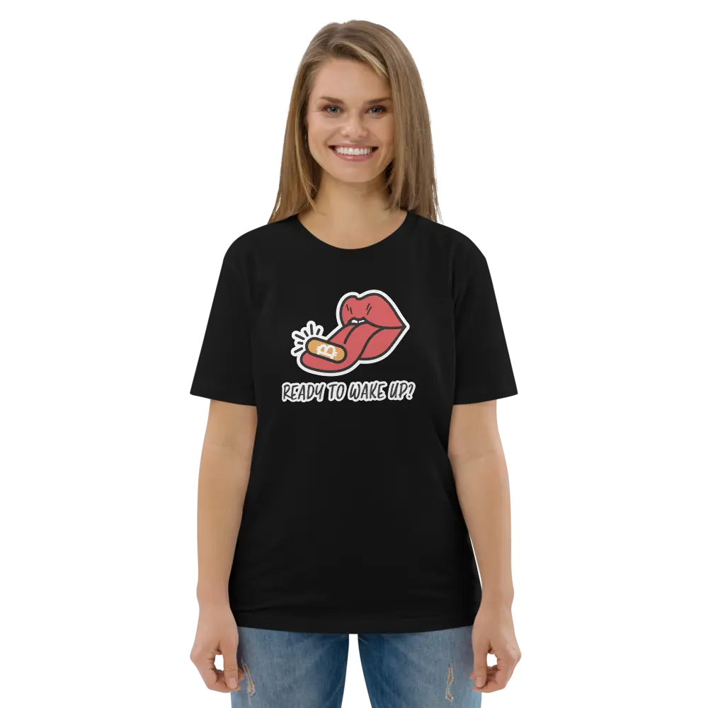 Bitcoin T-Shirt – Ready To Wake Up? | Store of Value — worn on female model