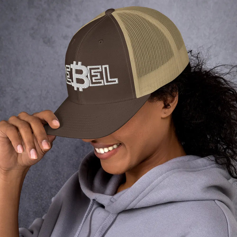 rebel bitcoin hat worn on female model brown and khaki
