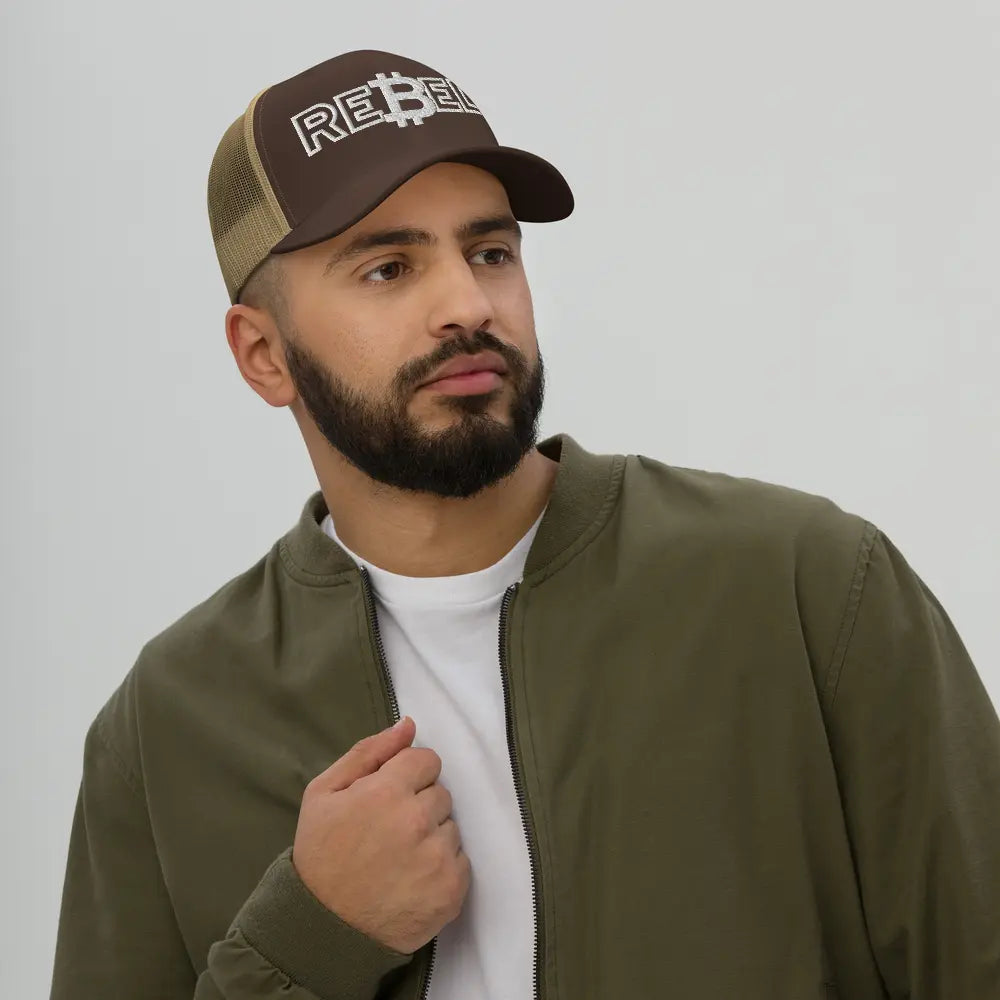 rebel bitcoin hat worn on male model brown and khaki