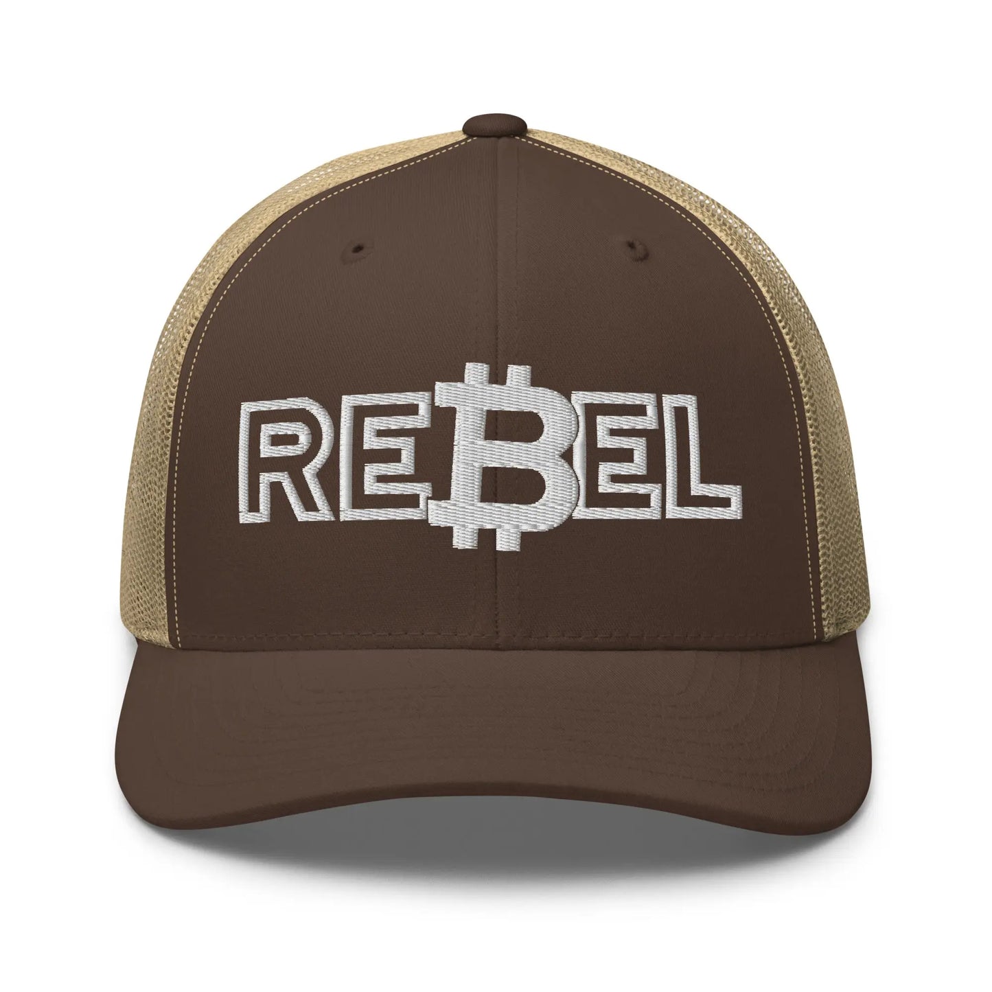 rebel bitcoin trucker hat front view brown and khaki