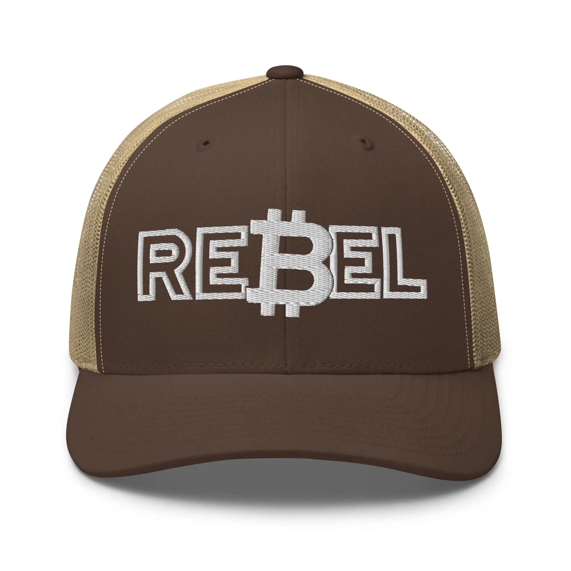 rebel bitcoin trucker hat front view brown and khaki