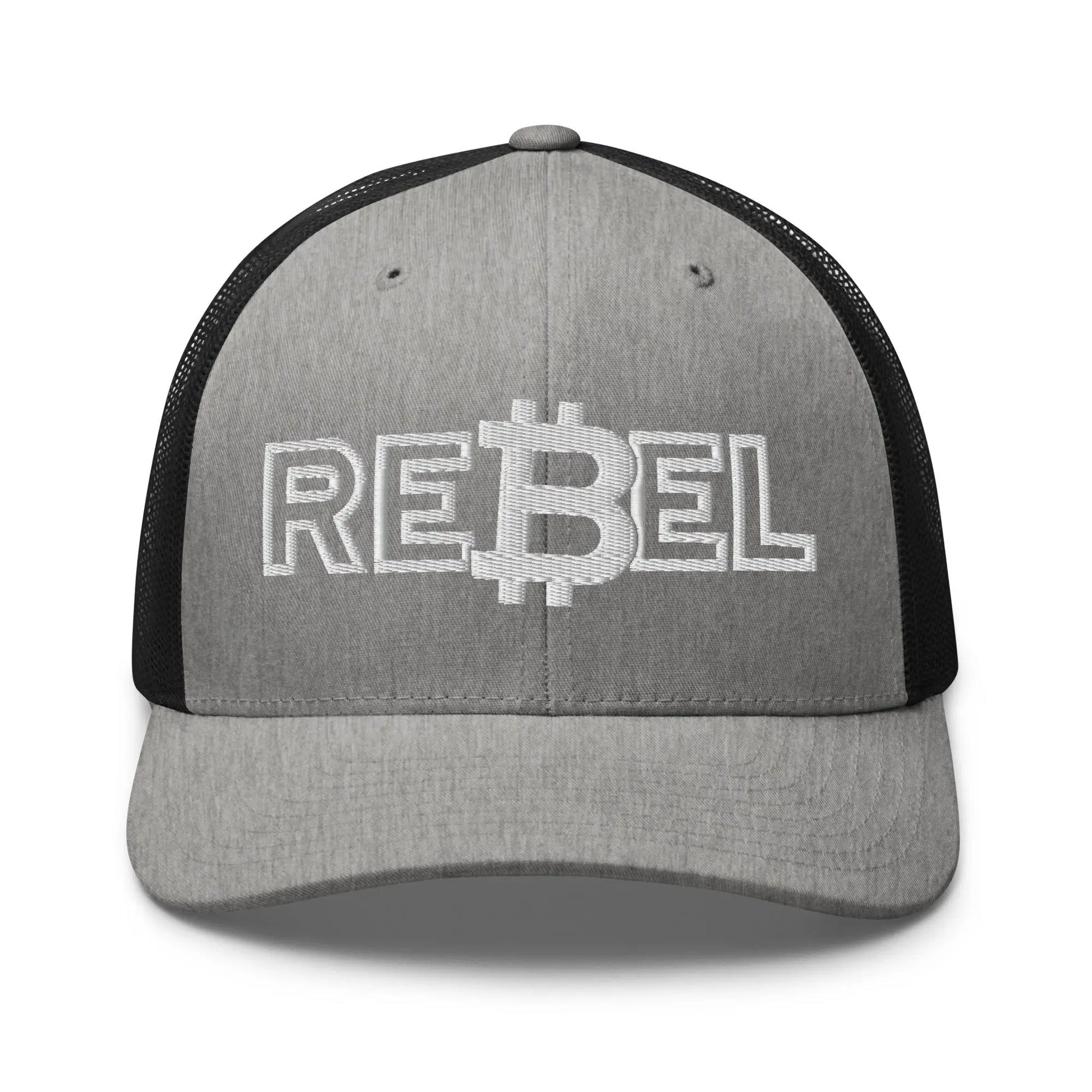 rebel bitcoin trucker hat front view heather and black