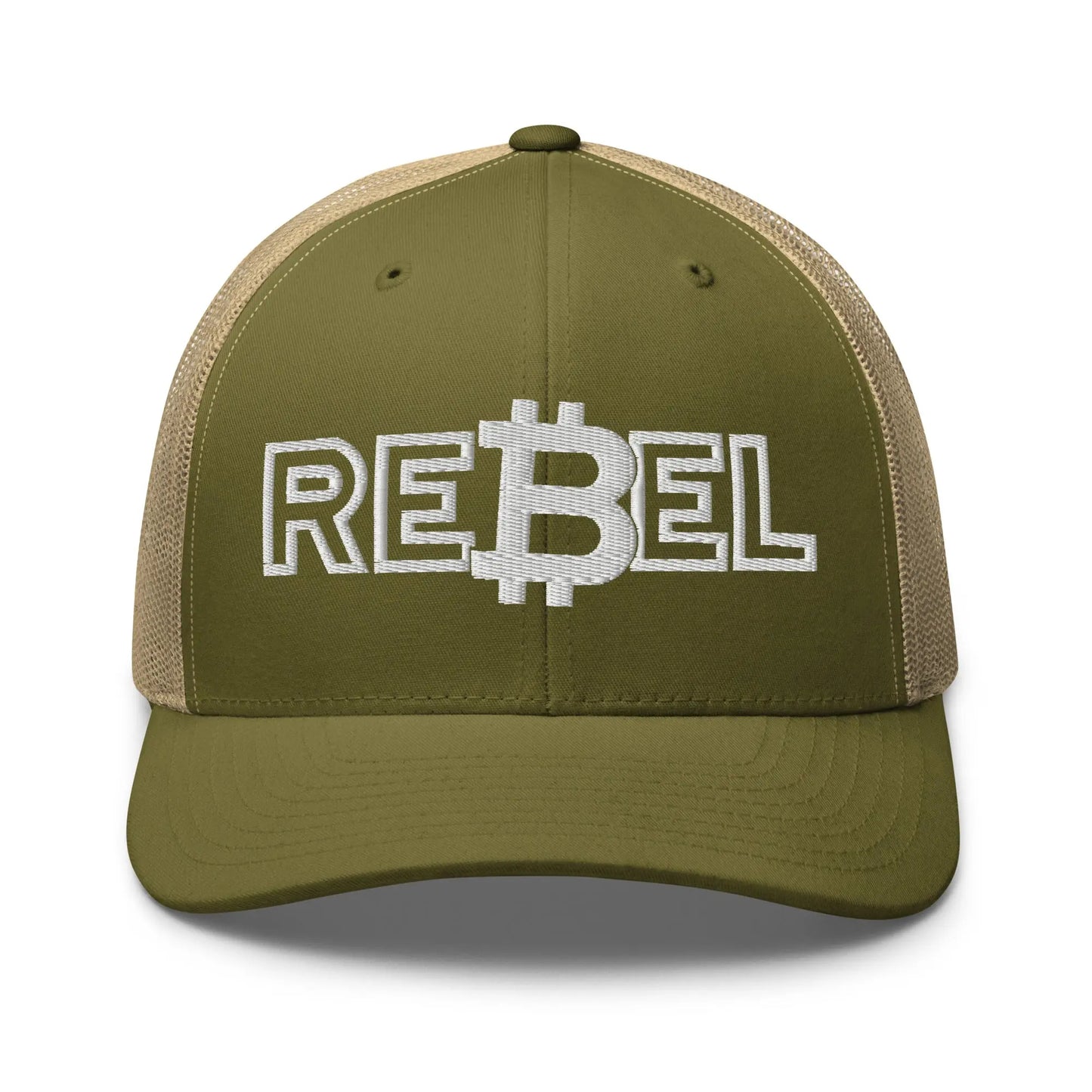 rebel bitcoin trucker hat front view moss and khaki